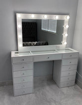 Vanity Room™ Citrine Makeup Vanity Set with Glass Top & 13 Drawers – Pre-Assembled Heavy-Duty Vanity Table with Hollywood Mirror & LED Lights