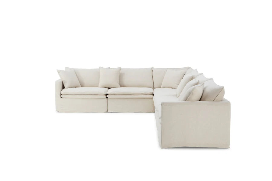 5- Seat Cloud Modular Sofa Sectional with Slip On Covers in White Cream Linen