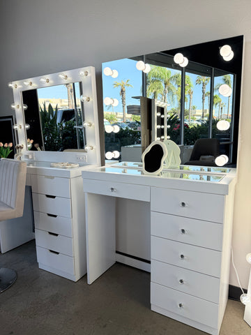 Vanity Room™ Jade Plus Makeup Vanity Set with Glass Top & 6 Drawers – Pre-Assembled Heavy-Duty Vanity Table with Hollywood Mirror & LED Lights