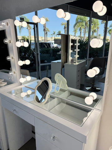 Vanity Room™ Jade Plus Makeup Vanity Set with Glass Top & 6 Drawers – Pre-Assembled Heavy-Duty Vanity Table with Hollywood Mirror & LED Lights