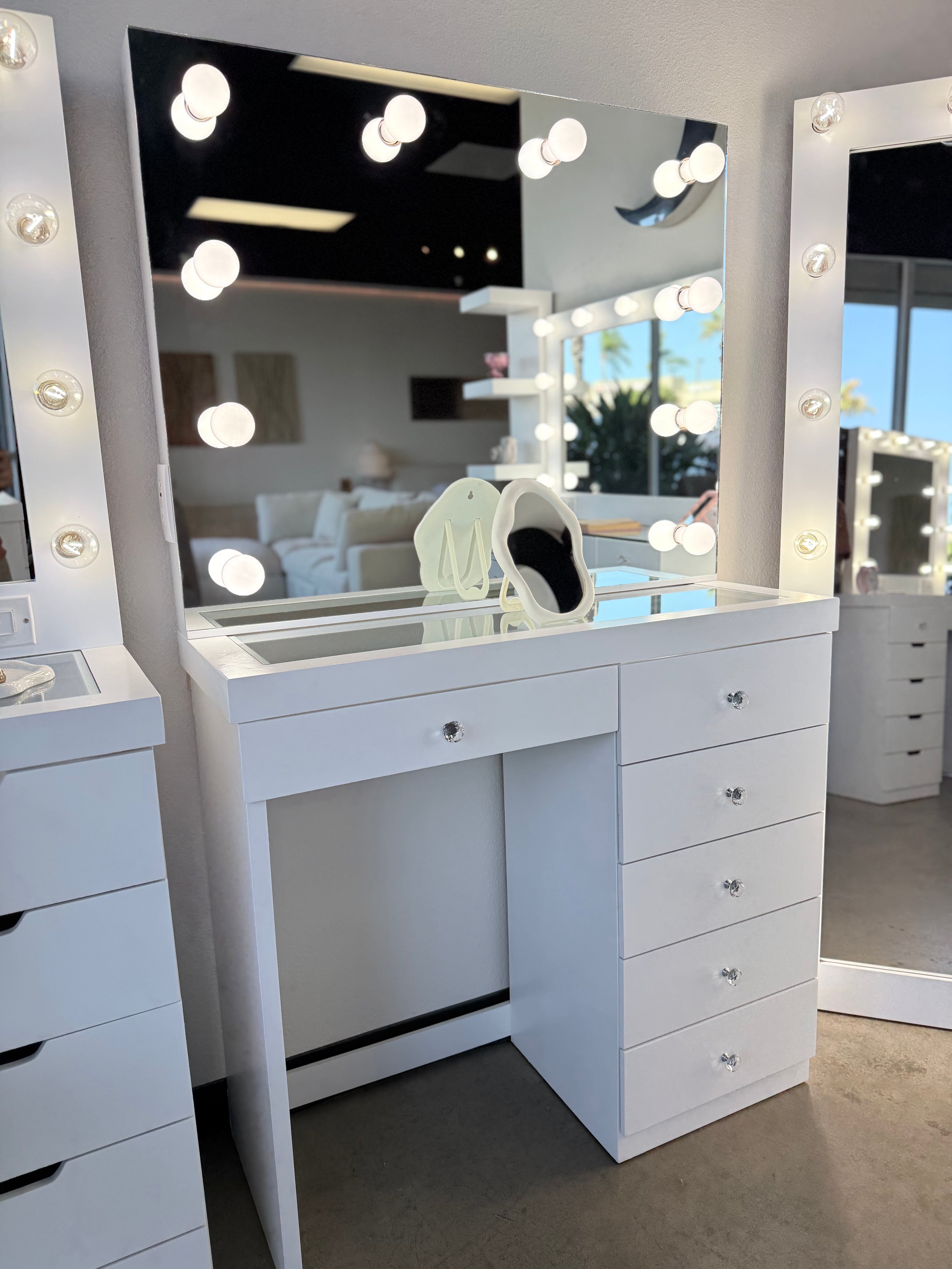 Vanity Room™ Jade Plus Makeup Vanity Set with Glass Top & 6 Drawers – Pre-Assembled Heavy-Duty Vanity Table with Hollywood Mirror & LED Lights